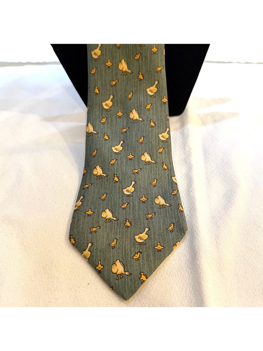 Vintage Hermes Paris 100% Silk Tie  Green with Yellow Ducks circa 1990s